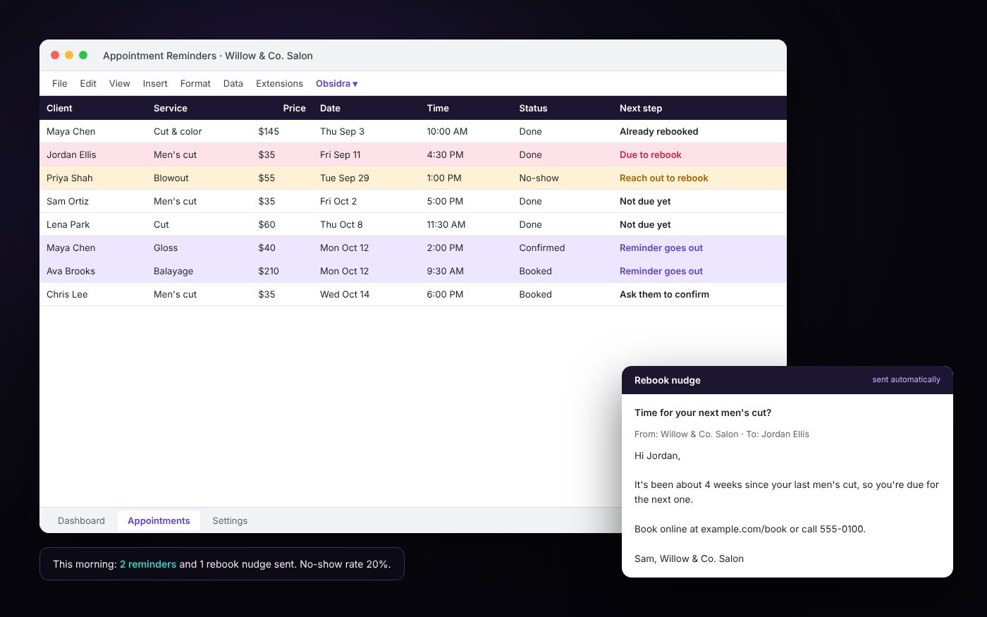 Appointment reminders with a rebooking nudge email
