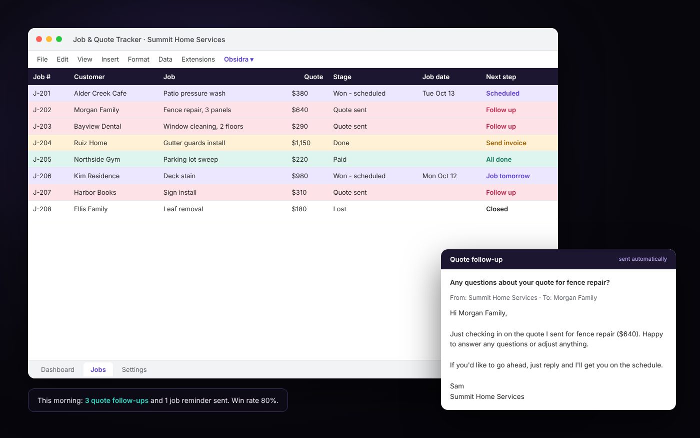 A job and quote tracker with next steps and an automatic quote follow-up email